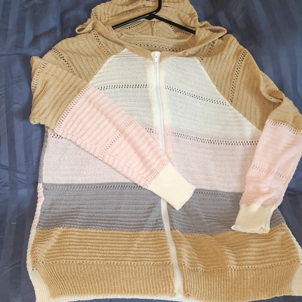 Open knit color block zip up hoodie womens size large
